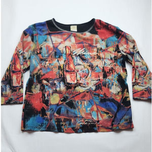 Jess & Jane Wine Art Rhinestone Embellished Tee Large Art to Wear Cotton Top